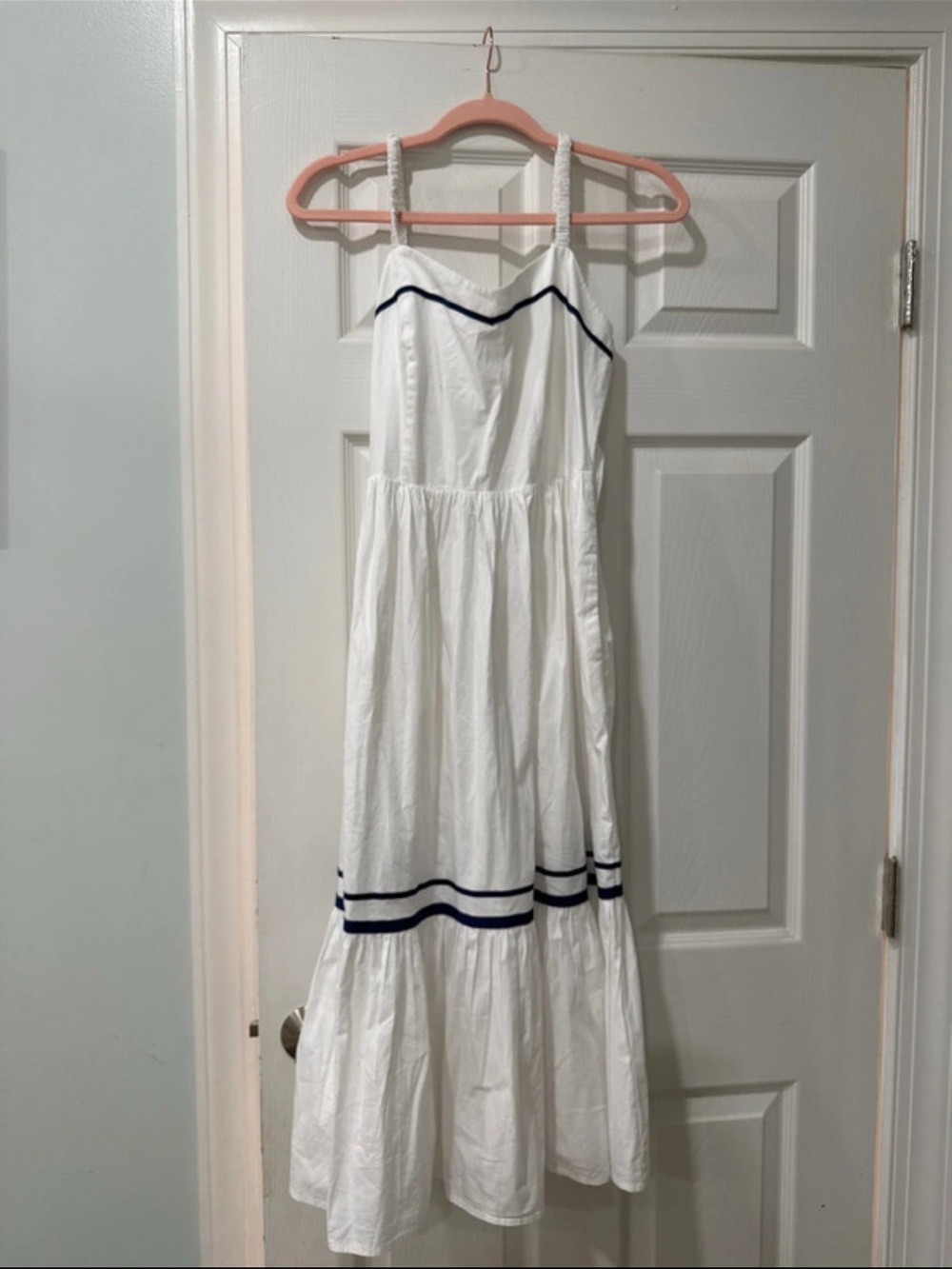 J. Crew White Maxi Dress with Navy Trim Accents